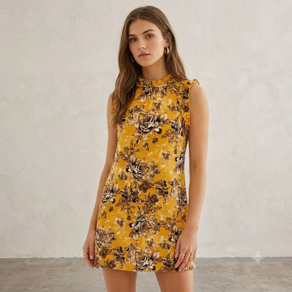 Nikita Women’s Yellow Floral Pattern Sleeveless Dress (M/L) Ruffle Neck Dress